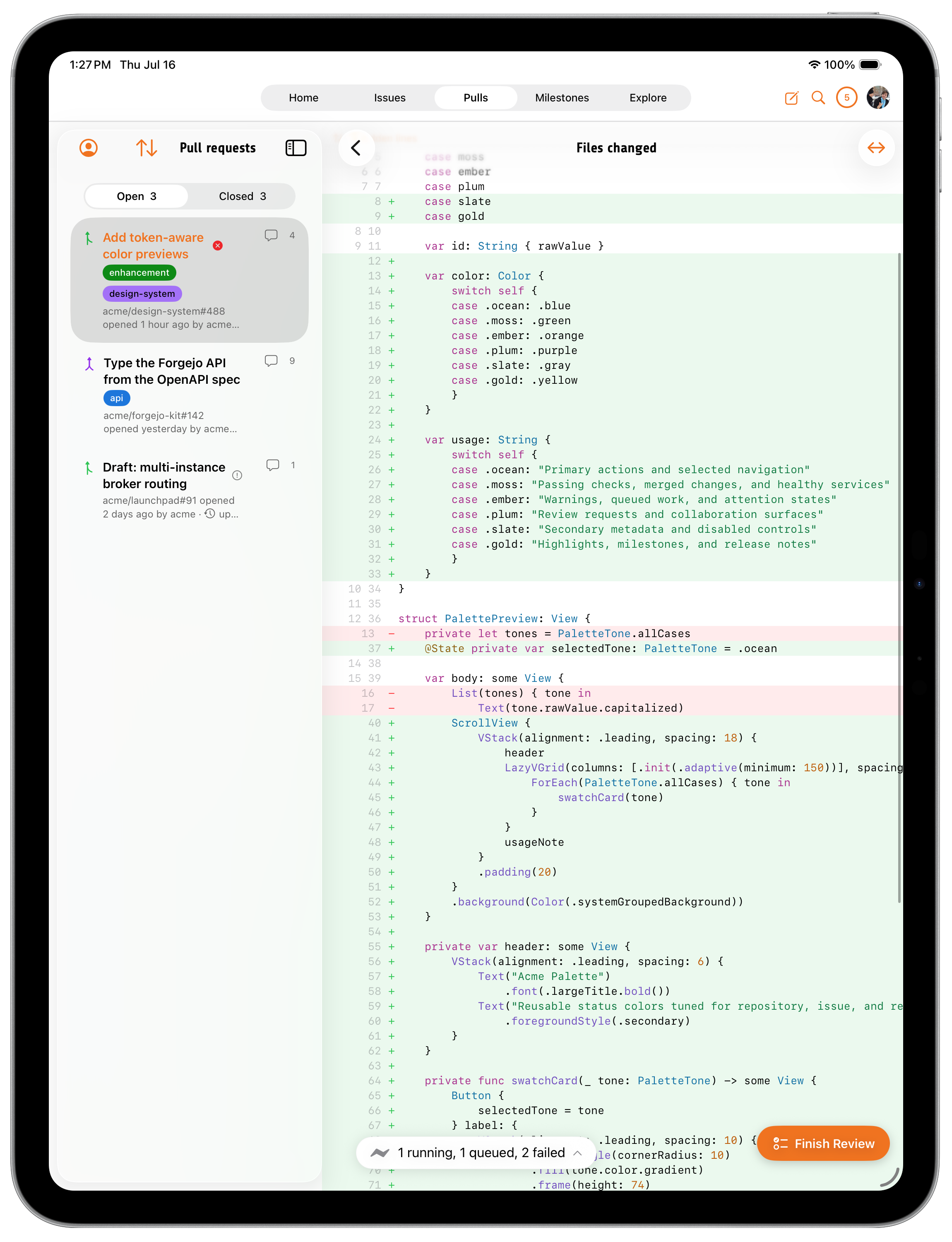 Fjord on iPad in a true split view: the pull-request list on the left and the Files changed diff on the right.