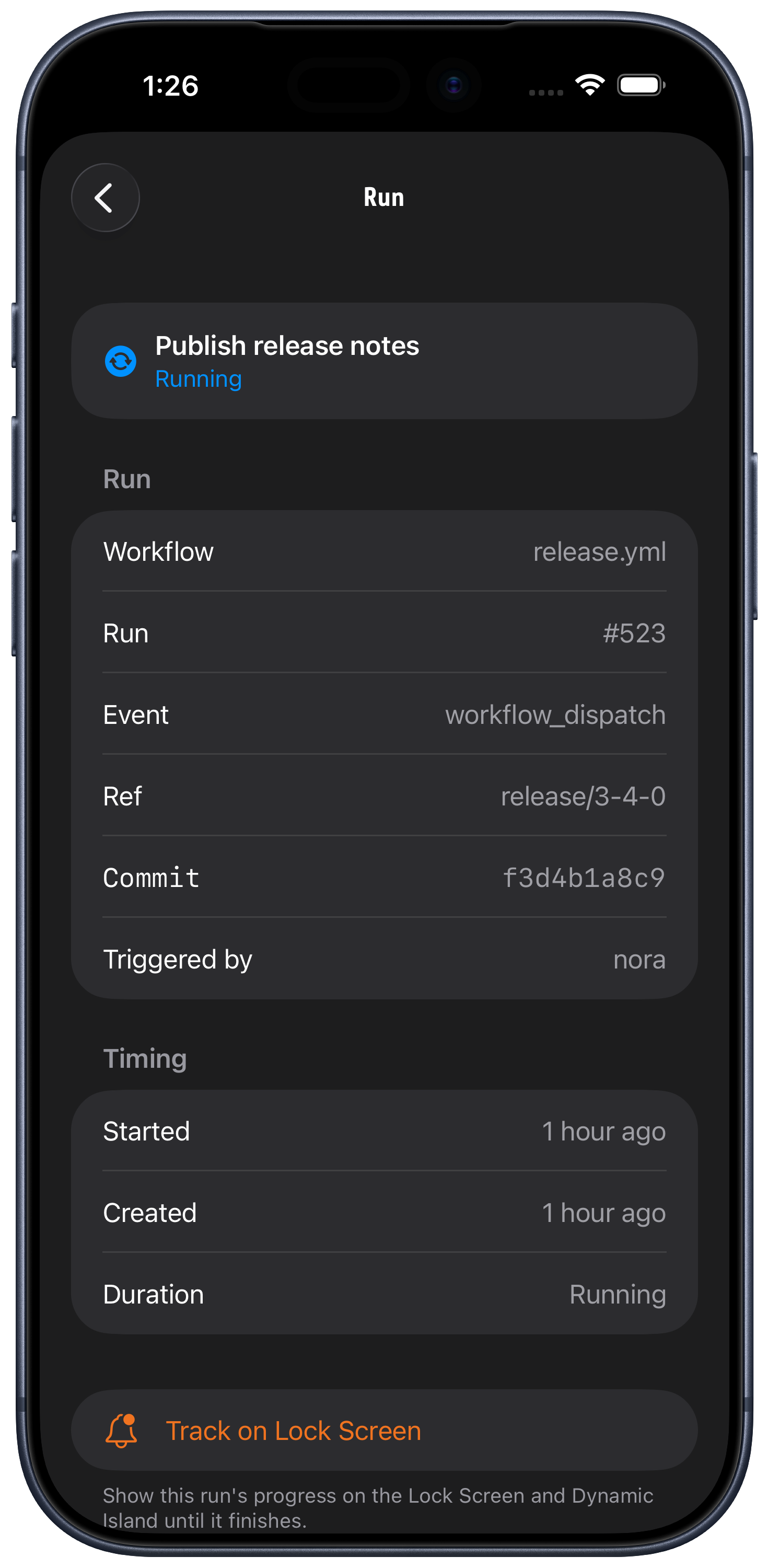 Fjord Actions run on iPhone: a running release workflow with its event, ref, and commit, and a control to track progress on the Lock Screen.