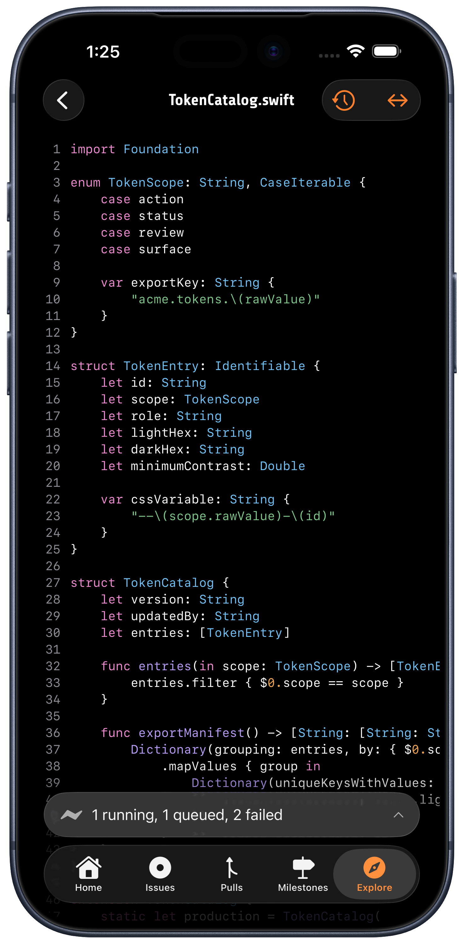 Fjord source viewer on iPhone showing a Swift file, TokenCatalog.swift, with line numbers and syntax highlighting in dark mode.