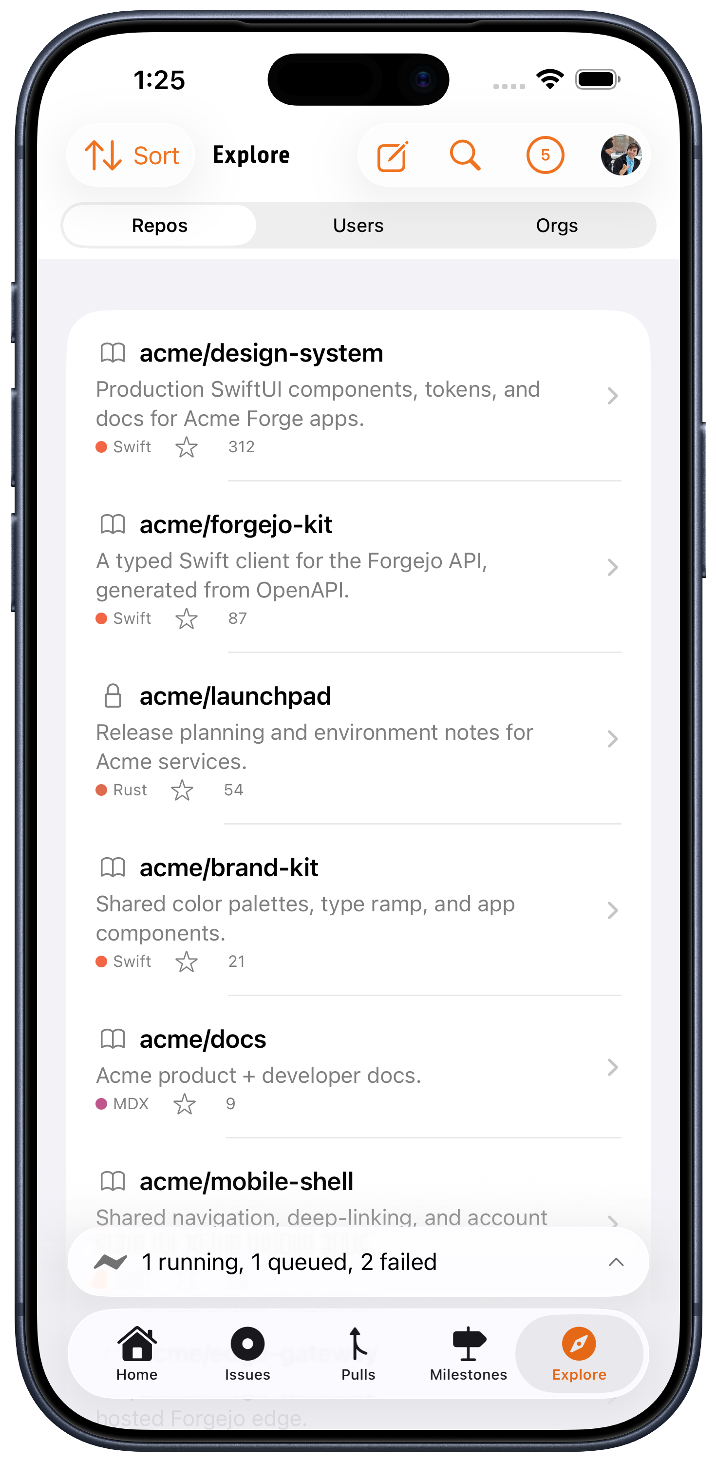 Fjord explore on iPhone searching across repositories, users, and organizations, with each repo’s language and star count.