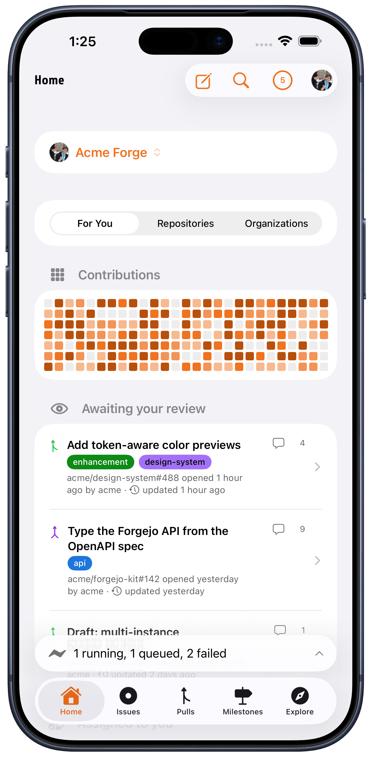 Fjord home on iPhone: an org switcher, a contribution heatmap, and a list of pull requests awaiting your review.