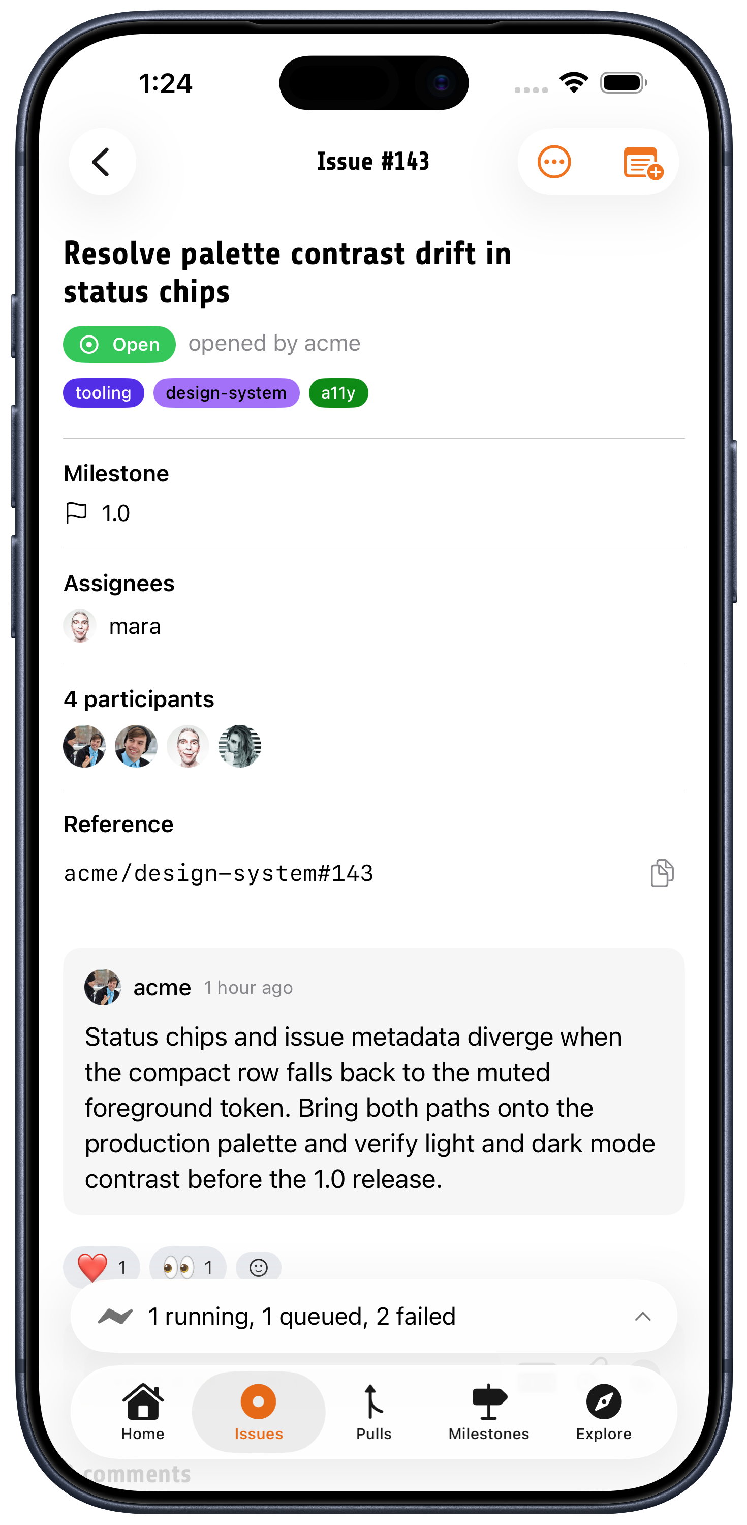 Fjord issue detail on iPhone with status, labels, a milestone, assignees, participants, and a comment thread with reactions.