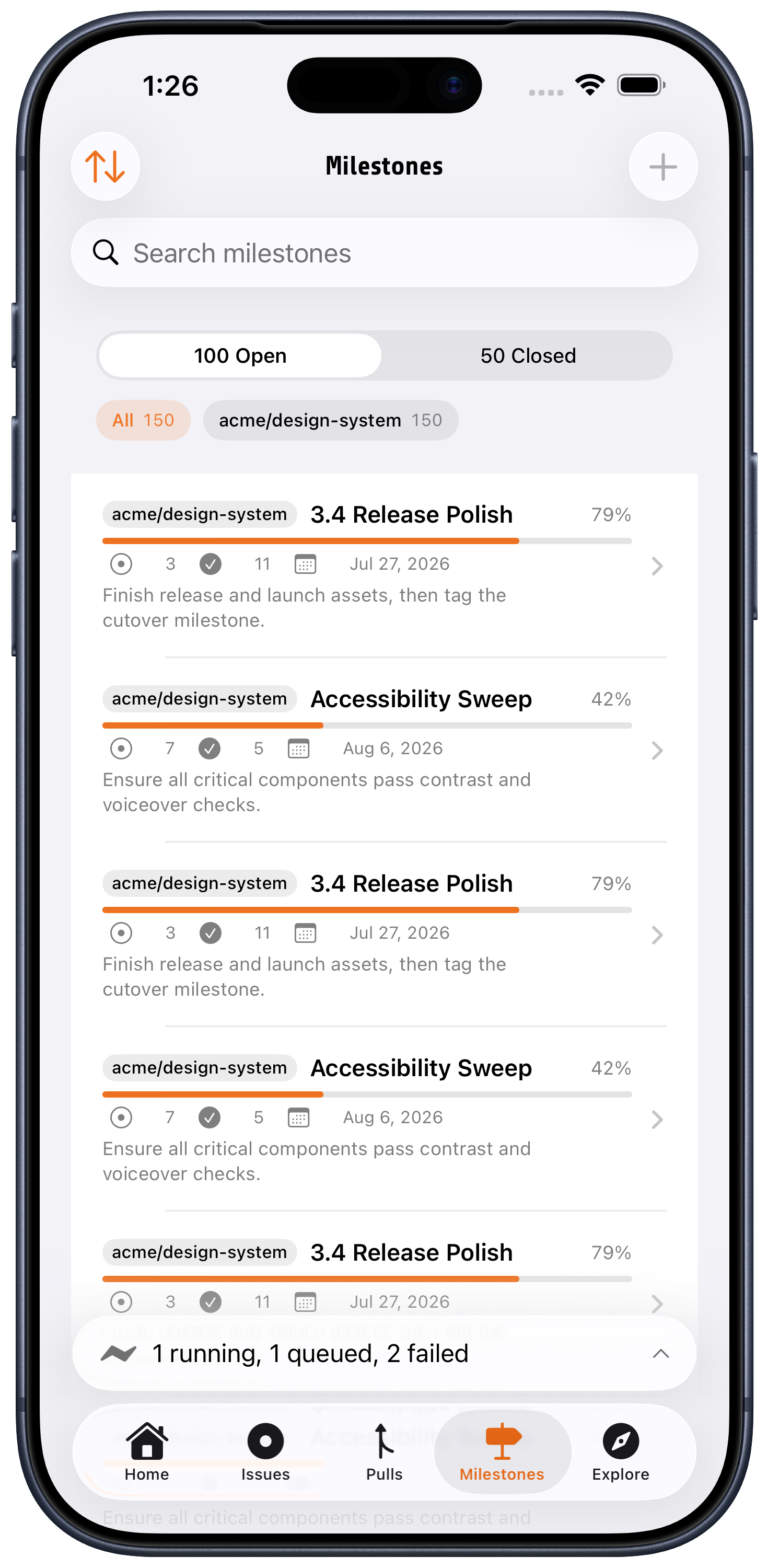 Fjord milestones on iPhone with open and closed filters and progress bars toward each release date.