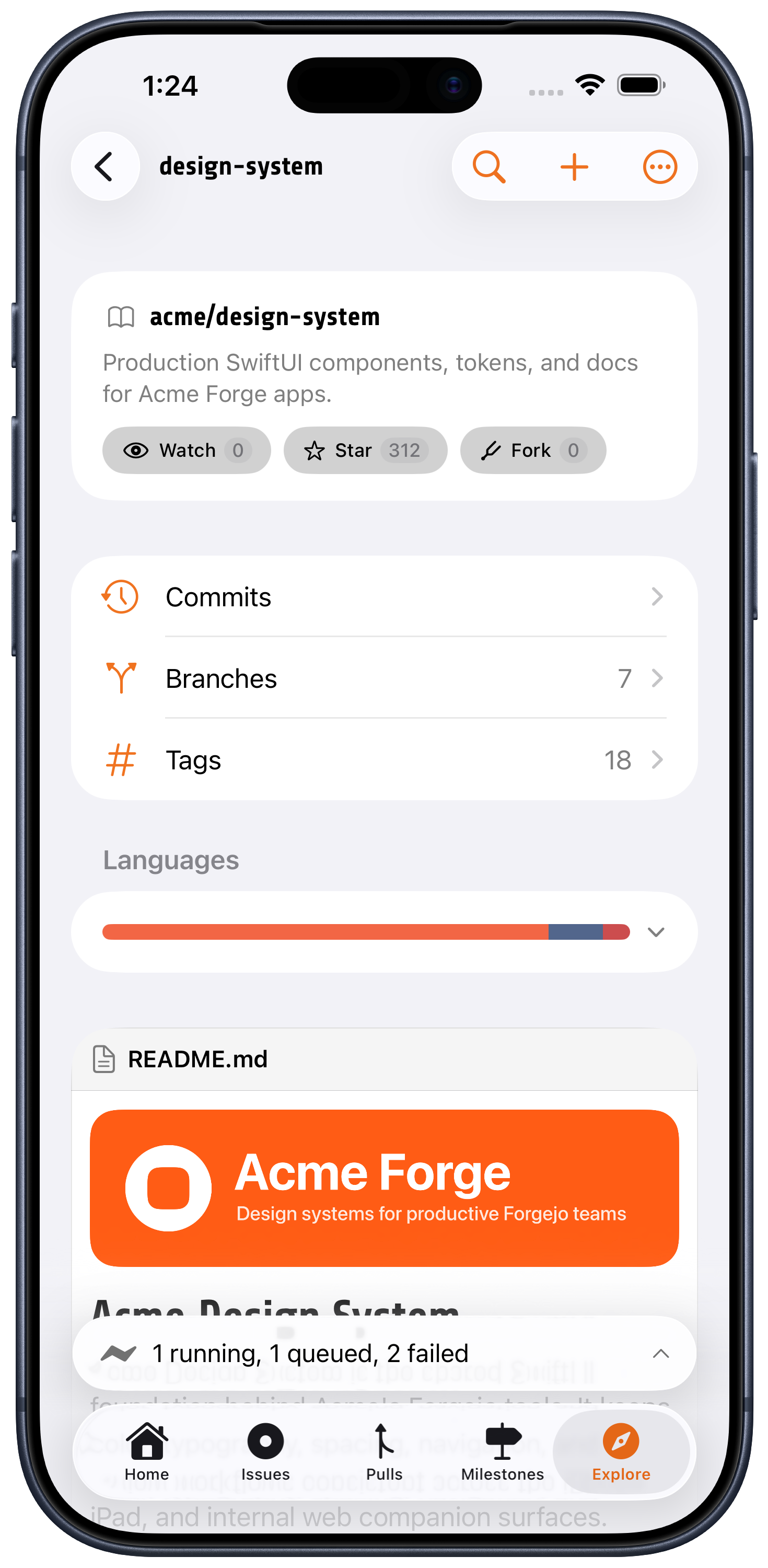 Fjord repository overview on iPhone with watch, star, and fork counts, commits, branches, tags, a language bar, and the README.