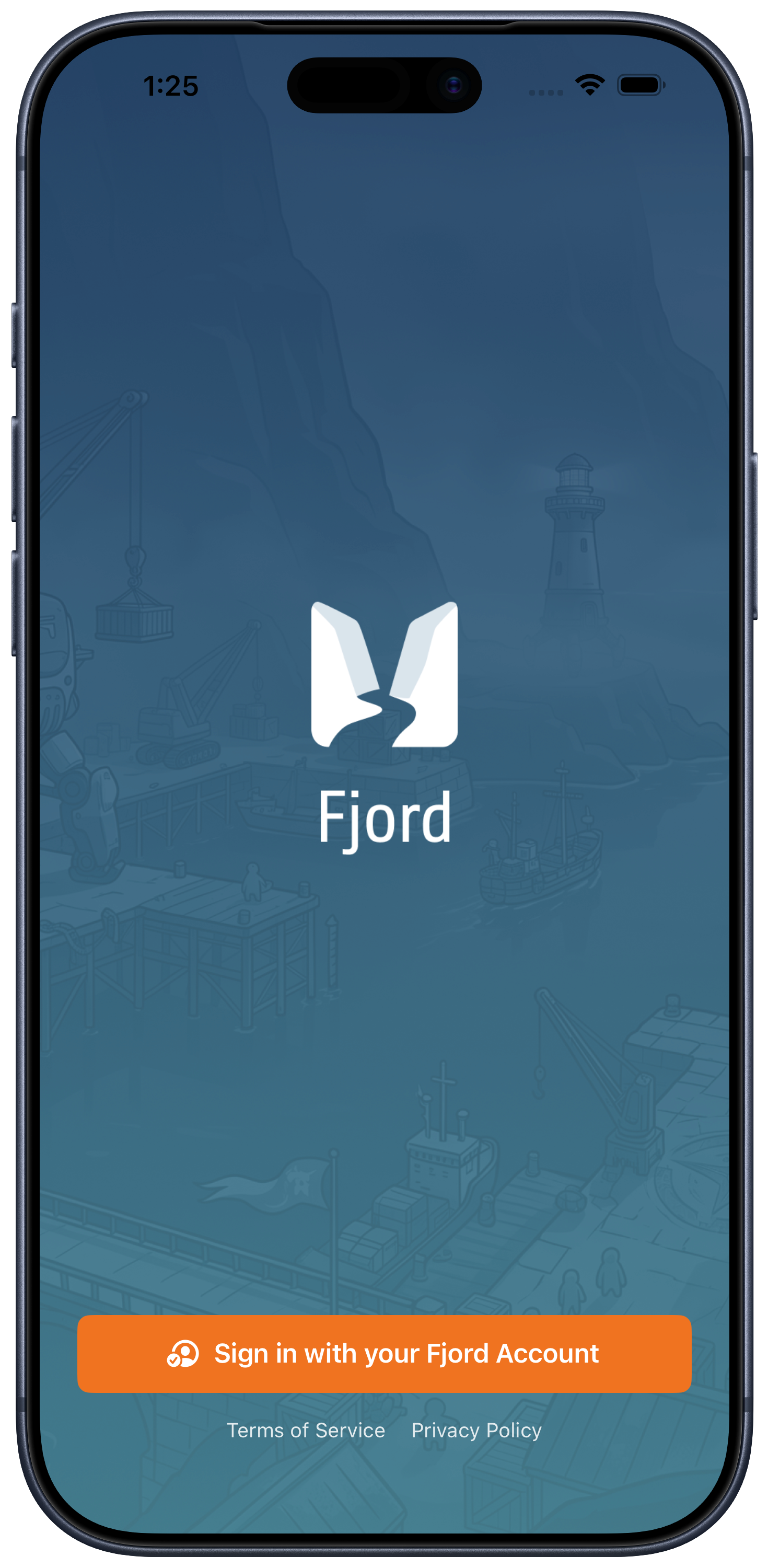 Fjord sign-in on iPhone: sign in with a Fjord Account over a harbor illustration, with links to the Terms of Service and Privacy Policy.