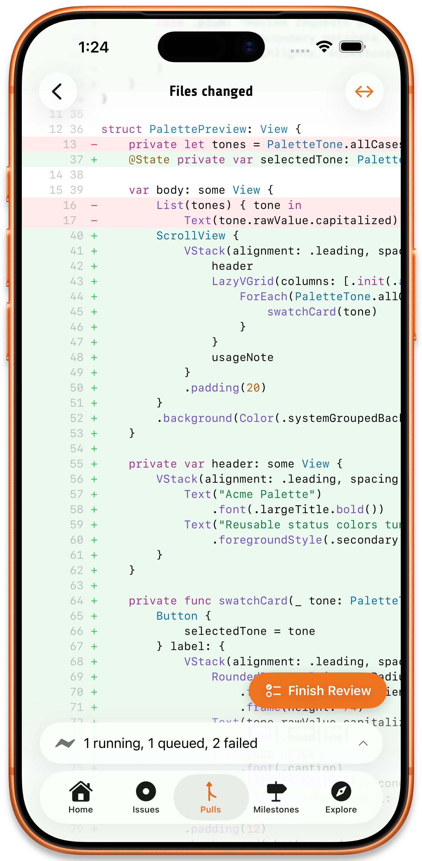 Fjord reviewing a pull request on iPhone: the Files changed screen with a unified, line-by-line diff, a Finish Review button, and inline CI status.